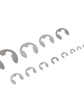 Pro Grade Stainless Steel E Clip Retaining Ring Set With 400Pcs Assortment Kit Sizes 1.5mm To 15mm arranged by size on white