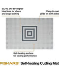 Front view of Fiskars self-healing cutting mat, 24 x 36 inches, gray with grid lines and center spiral pattern