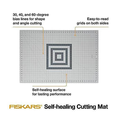 Front view of Fiskars self-healing cutting mat, 24 x 36 inches, gray with grid lines and center spiral pattern