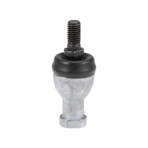 Heavy Duty Rod End Bearing Straight Ball Joint M8x1.25 Right Hand Female to Right Hand Male for Easy Linkups and Smooth Motion, Spherical Bearing with Carbon Steel Housing Bronze Race and Hardened Chrome Ball. Side view of black and silver rod end bearing with threaded stud