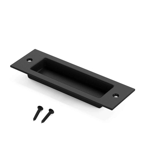 6 1/2 Inch Matte Black Frosted Flush Pull For Sliding Barn Doors, Recessed Invisible Flat Finger Pull with screws, heavy-duty steel hardware.