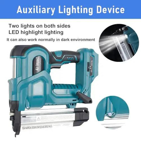 Badass Cordless 2 In 1 Brad Nailer And Tacker With 21V Rechargeable Battery showcasing LED lights for dark environments.