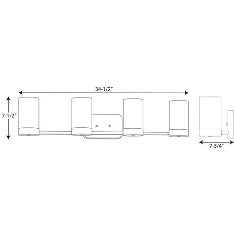 Elevation diagram of Elevate Four Light Bath Vanity Light In Antique Bronze With Glass Shades, showing dimensions and layout.