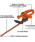 Corded 17 Inch Hedge Trimmer With 3.2 Amp Motor, Dual Action Blades For Reduced Vibration And Cleaner Cuts, labeled parts
