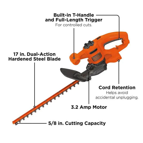 Corded 17 Inch Hedge Trimmer With 3.2 Amp Motor, Dual Action Blades For Reduced Vibration And Cleaner Cuts, labeled parts