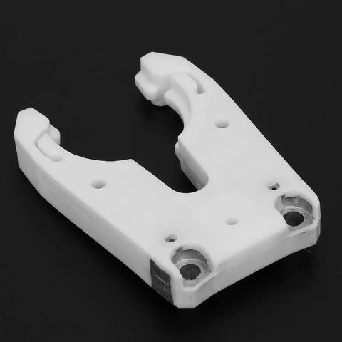 White fork shaped clamping fixture for CNC machining centers and engraving machines, pro grade five piece set, heavy duty mold clamp.