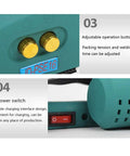 Close-up of Heavy Duty Portable Electric Strapping Machine control buttons and power switch for adjustable settings.