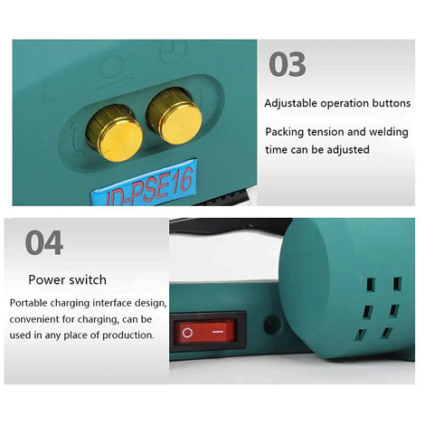 Close-up of Heavy Duty Portable Electric Strapping Machine control buttons and power switch for adjustable settings.