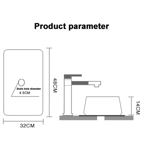 Product parameters image of SDVantage Gold Rectangle Bathroom Vessel Sink, Ceramic Countertop Basin Sink Retro Industrial Style for M, showing dimensions and drain details.