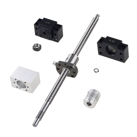 Top Tier SFU Series Ball Screw Kit For CNC Machining With 4mm And 5mm Precision Pitch Including Solid Coupler To Boost Structural Strength And Simplify Your DIY Machine Build Projects. Ball screw kit with coupler, nut housings, and shaft