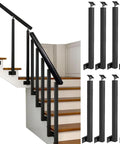 Built Tough Matte Black Wrought Iron Deck Spindles With A Rock Solid 270 Degree Adjustable Side Mount Railing Post For Easy Stair Setup Or Patio Deck Glow Up Pack Of 8 displayed on staircase with wooden steps.