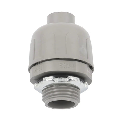 Half Inch Npt Conduit Connectors, gray steel blend, snap together design for electrical wiring, heavy duty construction.