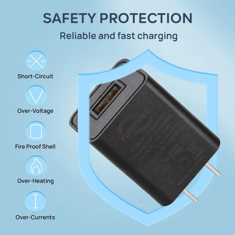 Universal Wall Charger Cube 5V 1A USB Power Adapter Fast Charge Plug, safety features and protection highlights shown.