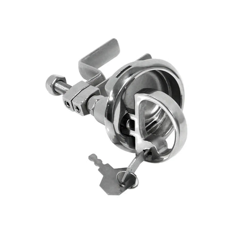 Tough As Nails Stainless Steel Flush Pull Handle With Turning Lock Design showing detailed latch mechanism and key for security.