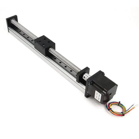 300mm Travel Linear Rail Guide Kit With Square Rails And SFU1605 Ballscrew For DIY CNC Router X Y Z Linear Stage Actuator Nema 23 Motor Included Beefy Aluminum Build Delivers Smooth Glide And Precise Motion. Linear rail guide with NEMA23 motor and wiring, 300mm aluminum ballscrew stage.