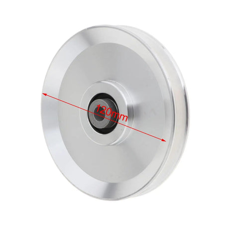 CNC Machined Bearing Pulley Wheel For Strength Training Equipment And Gym Machines 120mm Silver Aluminum Alloy Replacement Part With Wear Resistant Durability And Precise Alignment For Consistent Smooth Operation. 120mm silver aluminum pulley wheel with 10mm bore
