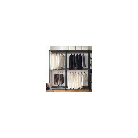 Customizable Wood Walk In Closet Organizer System For Bedroom Storage Maximizes Space Easy Assembly Lets You Kick Clutter To The Curb And Keep Everything Hella Organized Daily with hanging shirts and pants.
