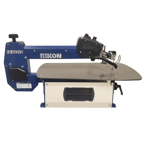 Built Tough 22 Inch Variable Speed Electronic Scroll Saw With Tilting Steel Table And Pro Grade Dust Pickup For Smooth Precision Woodworking Builds Today - profile view of a Rikon scroll saw.