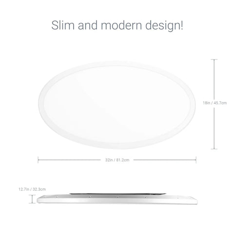 32 Inch Slim Oval Led Ceiling Light Fixture 50W Ultra Bright 3500 Lumen Dimmable Adjustable Color Temperature 2700K 4000K Ceiling Lamp for Kitchen Bathroom Bedroom Living Room and Laundry Room, showing slim profile and dimensions.