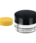Scratch Remover Paste For Glasses And Screens Pro Repair Kit with a black container of glass polishing wax and yellow sponge
