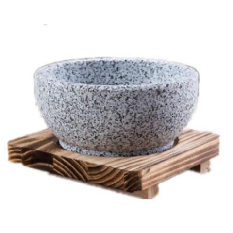 Granite Stone Bowl With Wooden Base For Bibimbap And Korean Stews, Thick Stone Bowl With Tray, 24oz, oven and stove safe