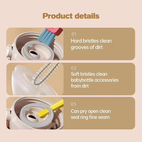 3-in-1 cup lid gap cleaning brush set, 3 pcs, for baby bottles and cups; hard and soft bristles