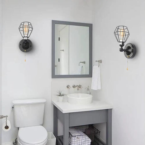 Dope Black Metal Wire Cage Ceiling Light With Pull Chain, Mini Modern Industrial Semi Flush Mount Lamp in a bathroom setup