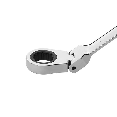 Close-up of 14mm Flexible Gear Wrench With 12 Point Flex Head for tight spaces, industrial grade ratcheting combination wrench.