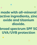 Text highlights ingredients of All Mineral Baby Sunscreen Spray SPF 50 With Broad Spectrum UVA UVB Protection