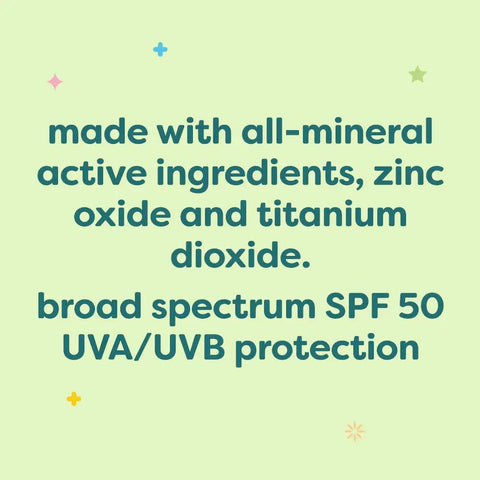 Text highlights ingredients of All Mineral Baby Sunscreen Spray SPF 50 With Broad Spectrum UVA UVB Protection