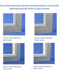 Aluminum Track Porch Screen Kit for DIY Screened In Porch with options for miter and butt corners in four installation views.