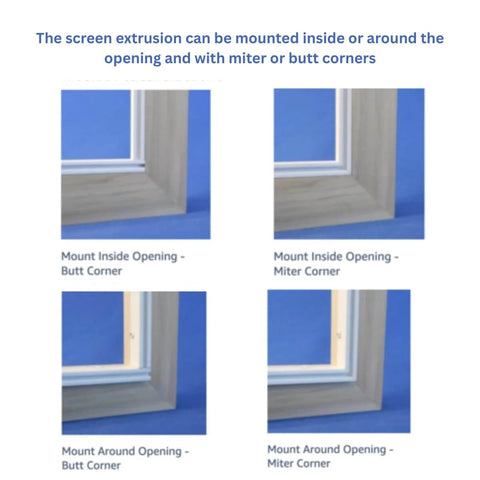 Aluminum Track Porch Screen Kit for DIY Screened In Porch with options for miter and butt corners in four installation views.