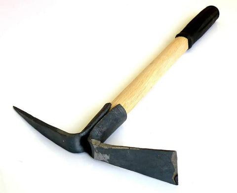 Small Hand Held Garden Pick Mattock For Weeding And Cultivation, Tough As Nails Heavy Duty All Forged Steel Construction With Wooden Handle
