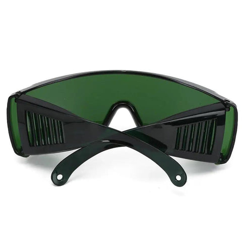Top Shelf Anti Fog Safety Glasses With Kickass Green Lenses And Prescription Friendly Design, black poly frame, front view.