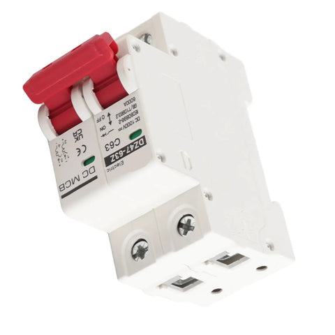 Front view of 2 Pole Low Voltage Circuit Breaker With 6000A Break Capacity For DIN Rail Mount 63A DC 1000V Max Overload And Short Circuit Protection.