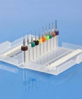 Front view of WayinTop 50pc PCB drill bit set in case; carbide spiral-flute bits 0.3–1.2mm with color-coded collars.