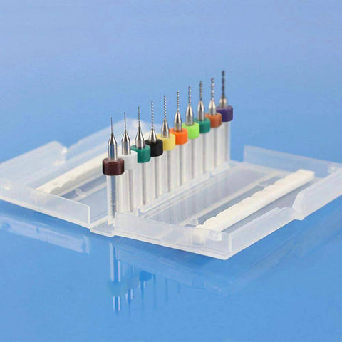 Front view of WayinTop 50pc PCB drill bit set in case; carbide spiral-flute bits 0.3–1.2mm with color-coded collars.