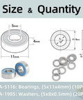 Diagram of Five Pack 5116 Ball Bearings With Blue Rubber Seals And 1985 PTFE Coated Washers For RC Cars 5x11x4mm Bearings