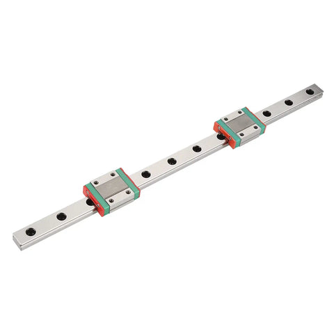 Compact Linear Guide Rail Kit 300mm With Two MGN12B Slide Blocks shown on 12mm wide steel rail