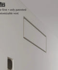 Lux Satin White Flush Wall Vent Cover In Solid Steel mounted on wall, minimalist design, 6x14 inch size with adjustable damper