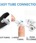 Steps for using Pro Grade PU Air Line Kit - cutting tubing, inserting tube, and push to connect fitting installation.