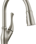 Modern Single Handle Kitchen Sink Faucet With Smooth As Silk Pull Down Sprayer In Grime Resistant Brushed Nickel, close-up view.