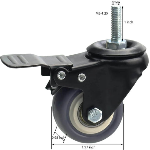 2 Inch Swivel Caster Wheels 4 Pack M8 1.25 Threaded Stem 8mm Durable Rubber With Double Lock For Carpet And Hardwood, side view close-up