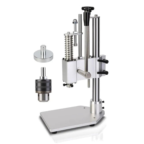 Pro Grade Heavy Duty Aluminum Alloy Manual Punching Press For Precision Riveting, Punching, Cutting, And Sealing In Electronics, Leather, Jewelry, Labs, And Beauty Projects, Ergonomic Labor Saving Spring Operation visible in image showing metal components and base.