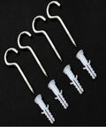 Five silver metal hook screws and five white plastic wall anchors arranged on a black background.