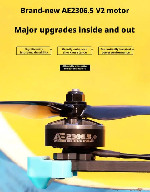 Close-up of AE2306.5 V2 motor on a 5-inch FPV drone.