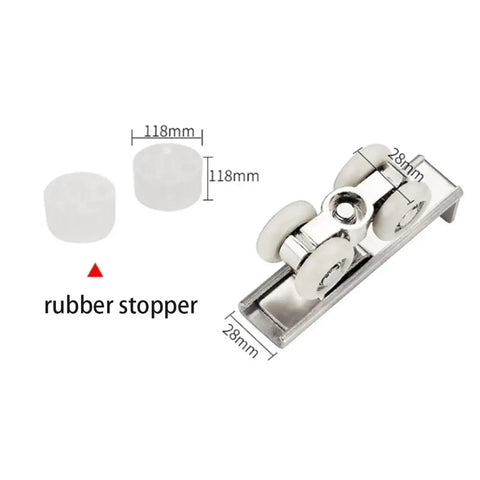 Heavy Duty Sliding Door Rollers 4 Pack Zinc Alloy Double Wheel Track Pulleys showing dimensions and rubber stoppers.