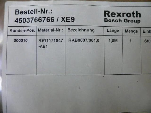 Label on packaging for Industrial Ethernet Connection Cable R911171947-AE1, Bosch Group, details on specifications and order number.