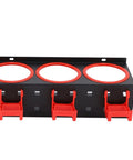 Close-up of Rock Solid Iron Spray Bottle Storage Rack Featuring Five Heavy Duty Industrial Hooks for clutter-free workspace.