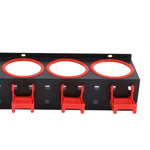 Close-up of Rock Solid Iron Spray Bottle Storage Rack Featuring Five Heavy Duty Industrial Hooks for clutter-free workspace.